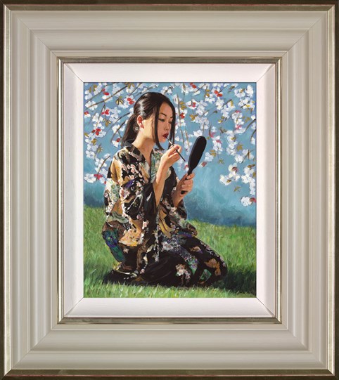 Geisha With White Flowers II by Fabian Perez - Framed Embellished Limited Edition on Canvas