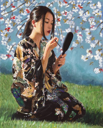 Geisha With White Flowers II by Fabian Perez - Embellished Limited Edition on Canvas